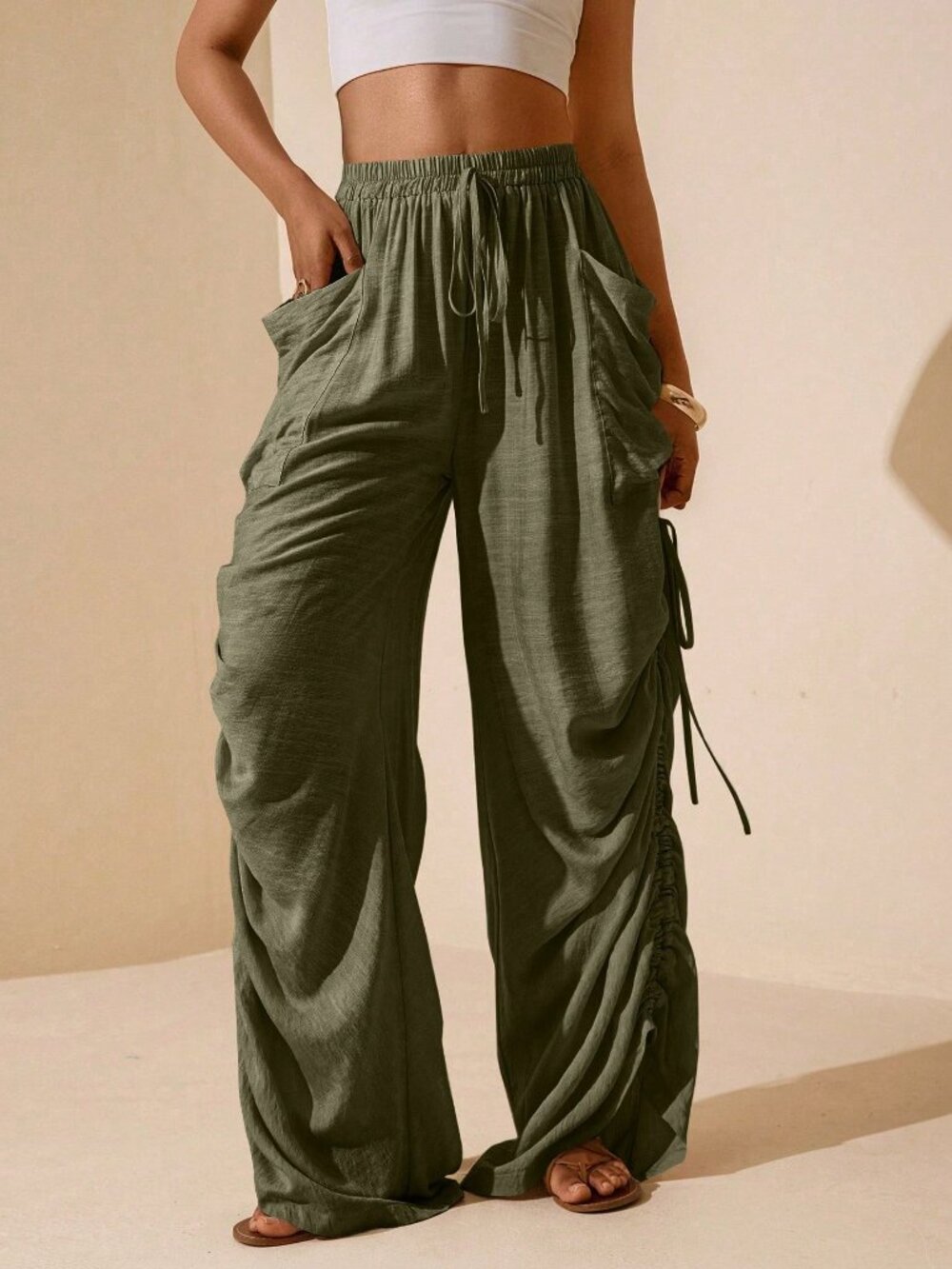 Olive Green Casual Women's Side Ruched Drawstring Pocket Pants - Picture 5 of 7